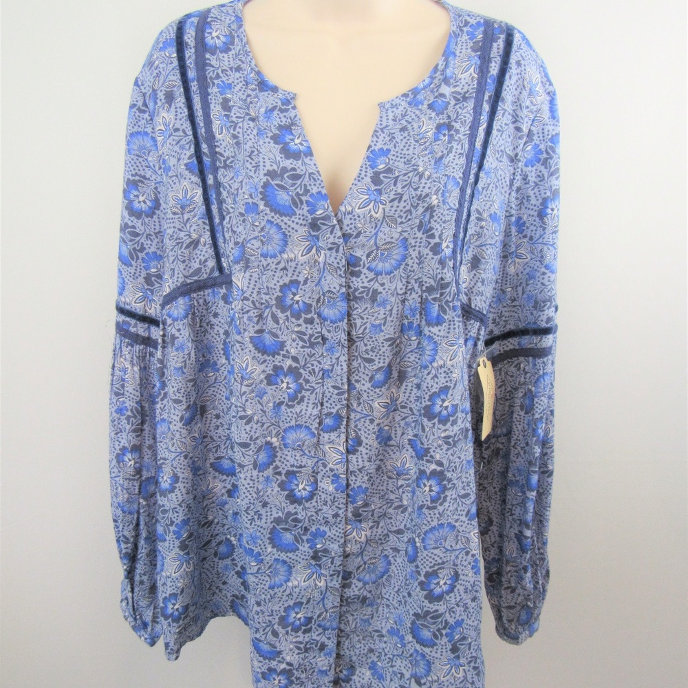 St Johns Bay Blue Floral L/S Peasant Blouse L